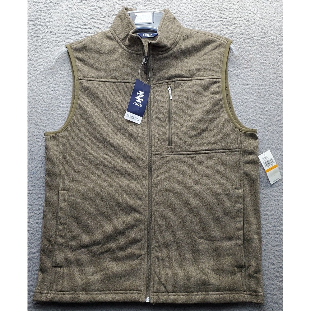 IZOD Golf Vest Mens S Brown Fleece Lined Performance Stand-Up Collar Full-Zip